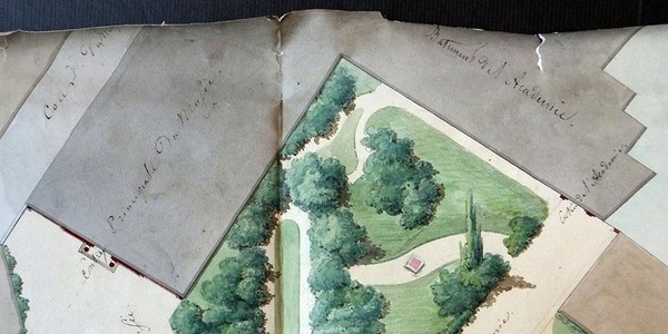 Ontwerp voor de tuinaanleg van de Academie voor Schone Kunsten (vandaag Mutsaardstraat) met schetsmatige aanduiding van de bestaande gebouwen, circa 1830